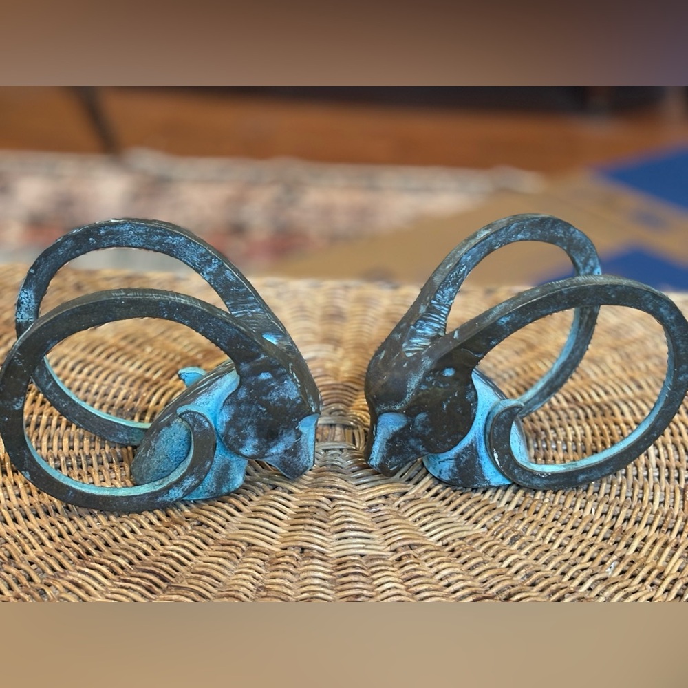 MCM Brutalist Bronze Patina Rich  Ram Head Bookends